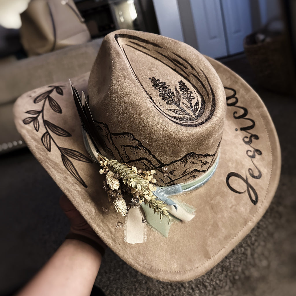 Vegan Suede Classic Cowboy Custom Burned Hat