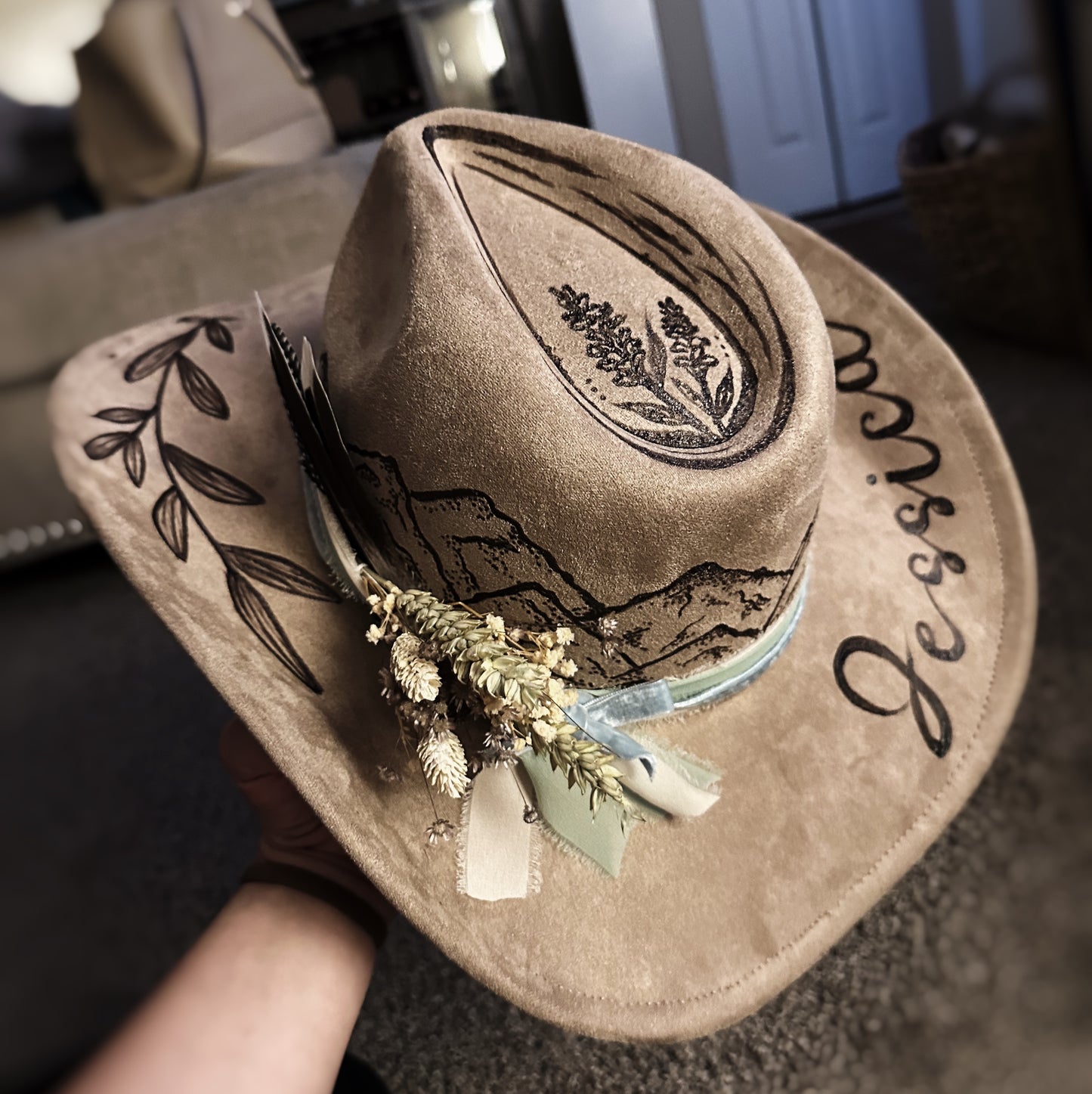 Vegan Suede Classic Cowboy Custom Burned Hat
