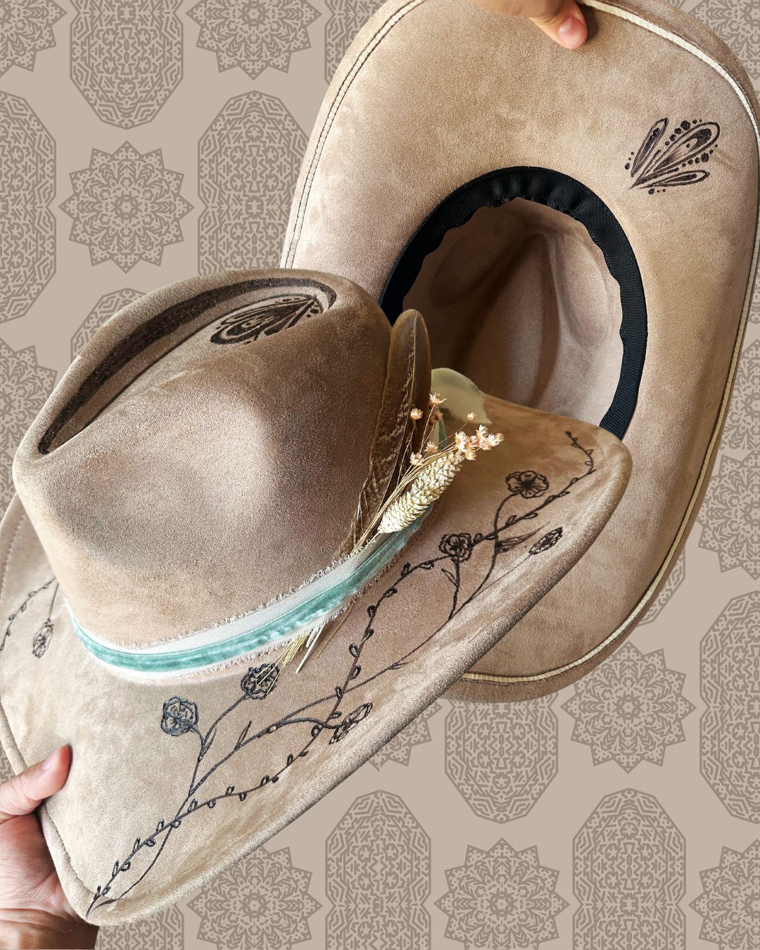 Vegan Suede Classic Cowboy Custom Burned Hat